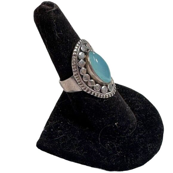 Vintage Sterling Silver Oval Turquoise Ring Beaded Statement Size 7.5 Southwest - Picture 4 of 6